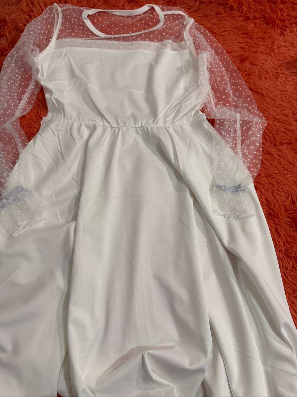 Girls White Dot Mesh Sleeve Party Dress